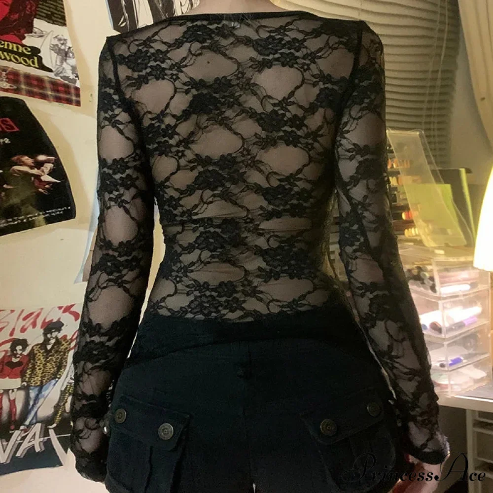 Dark Gothic Lace Partially Transparent Long Sleeve Cropped Knit Top - Image 2