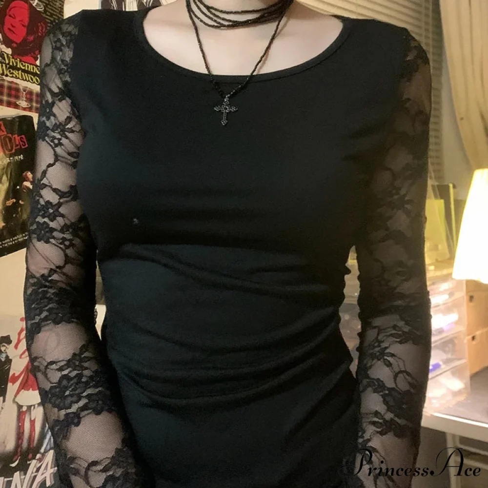Dark Gothic Lace Partially Transparent Long Sleeve Cropped Knit Top - Image 3