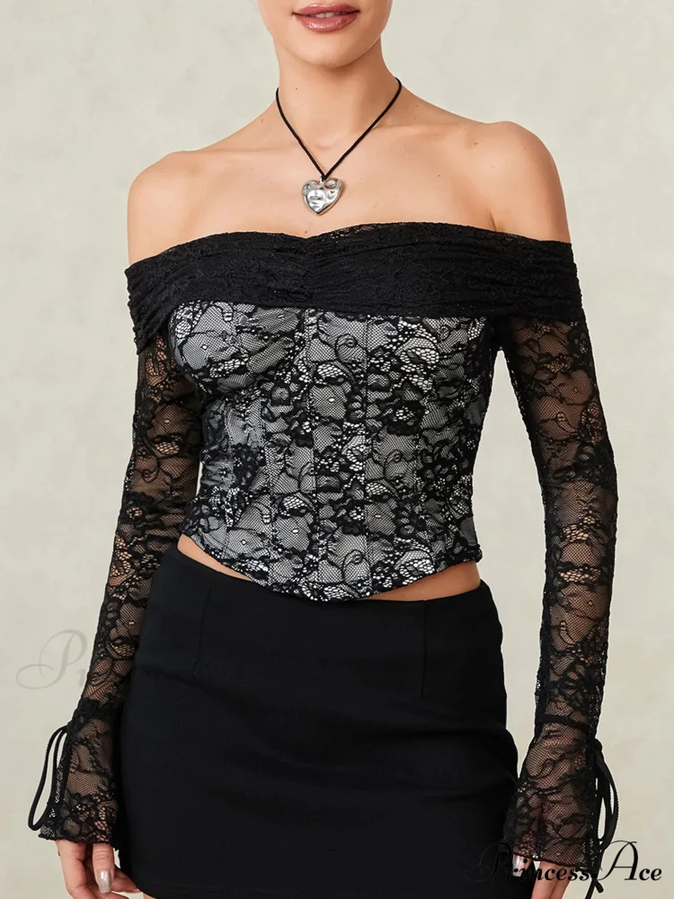 Dark Lace Blossom Transparent Off-the-shoulder Sleek Bodice Top - Image 2
