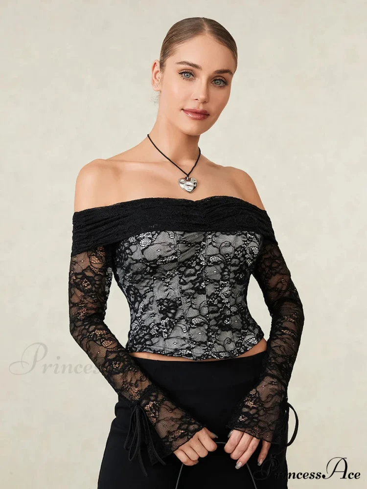 Dark Lace Blossom Transparent Off-the-shoulder Sleek Bodice Top - Image 3