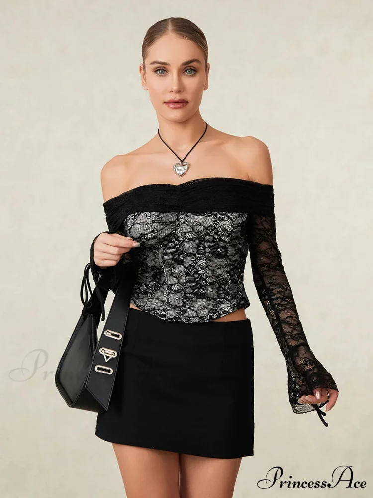 Dark Lace Blossom Transparent Off-the-shoulder Sleek Bodice Top - Image 5