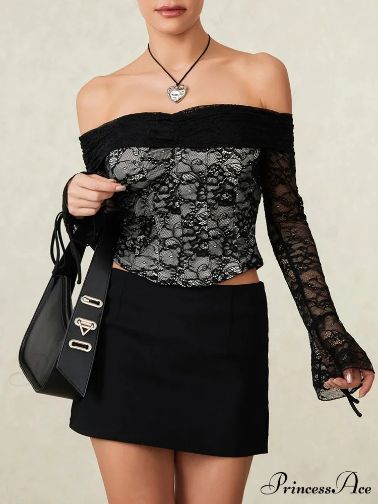 Dark Lace Blossom Transparent Off-the-shoulder Sleek Bodice Top - Image 6