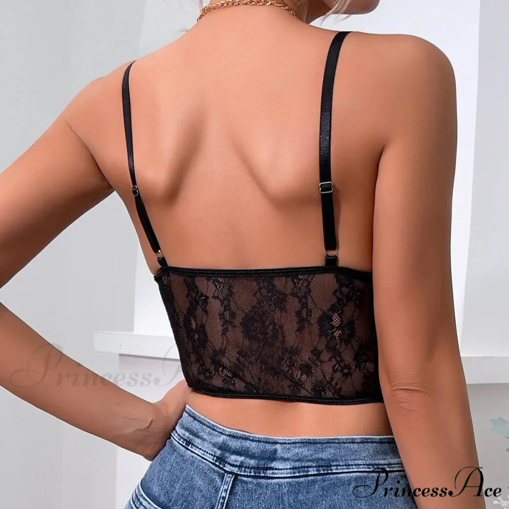 Dark Lace Folded Transparent Fishbone Spaghetti Top - Image 2