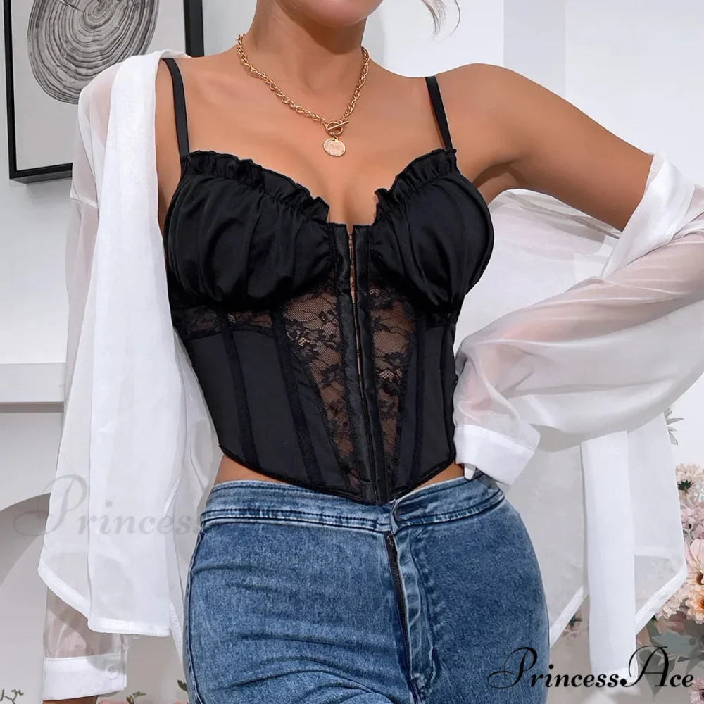 Dark Lace Folded Transparent Fishbone Spaghetti Top - Image 3