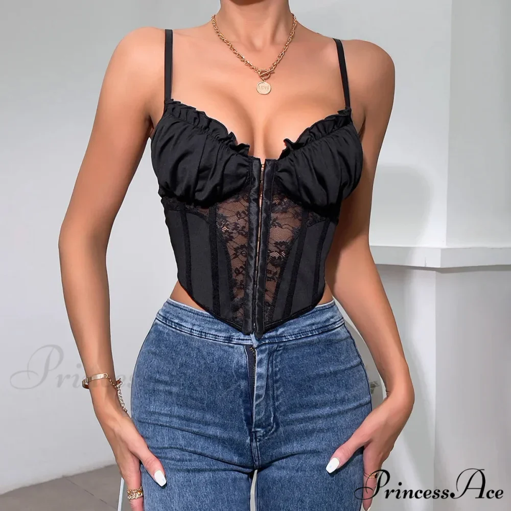 Dark Lace Folded Transparent Fishbone Spaghetti Top - Image 4