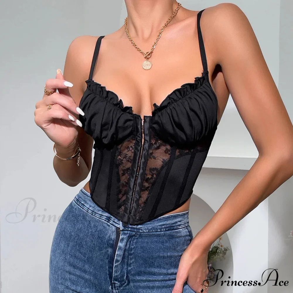 Dark Lace Folded Transparent Fishbone Spaghetti Top - Image 5