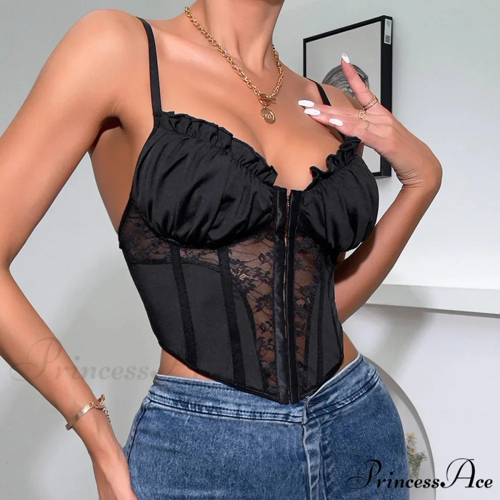 Dark Lace Folded Transparent Fishbone Spaghetti Top - Image 6