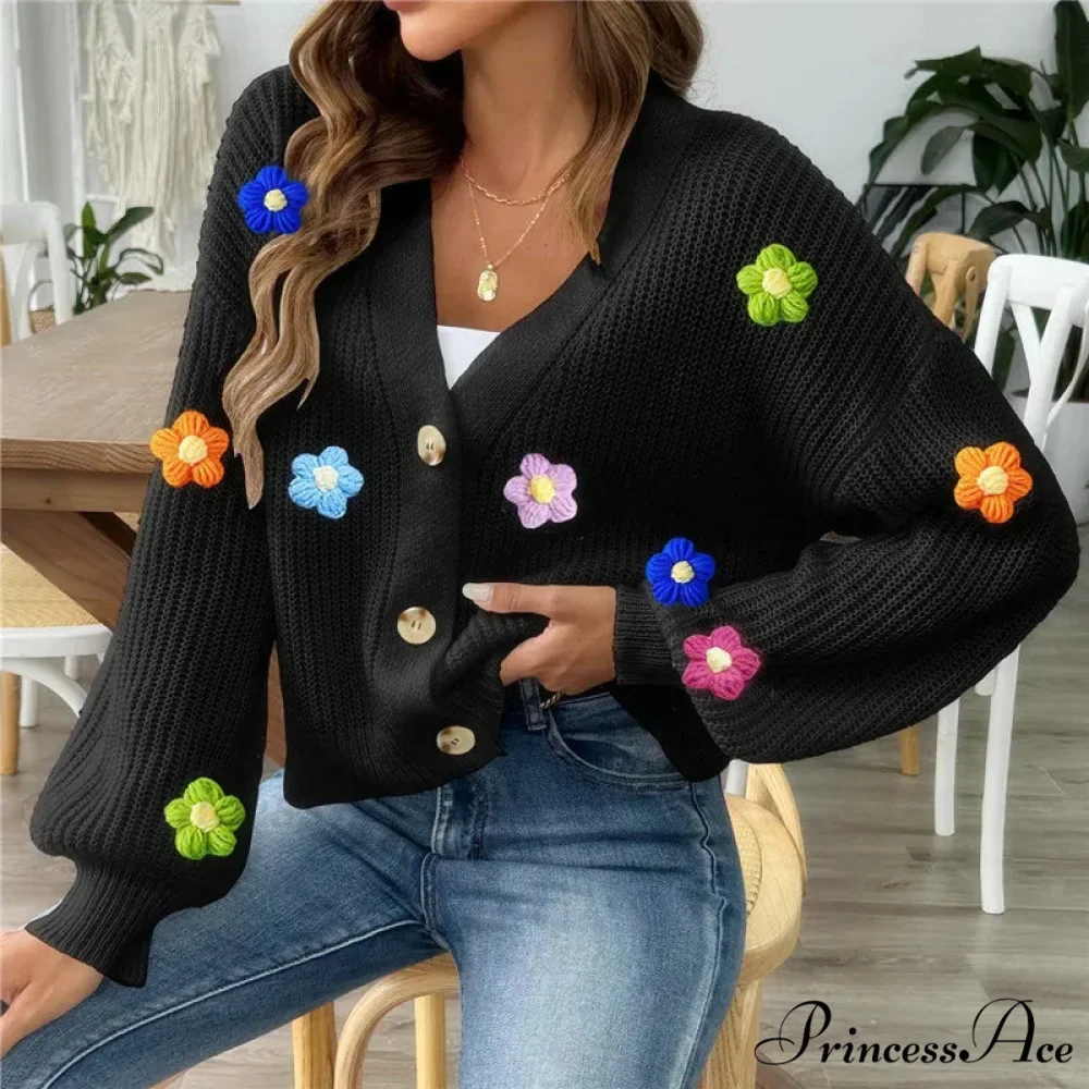 Dark Lantern Sleeve Blossom Button-Up Knitted Cardigan - Image 2
