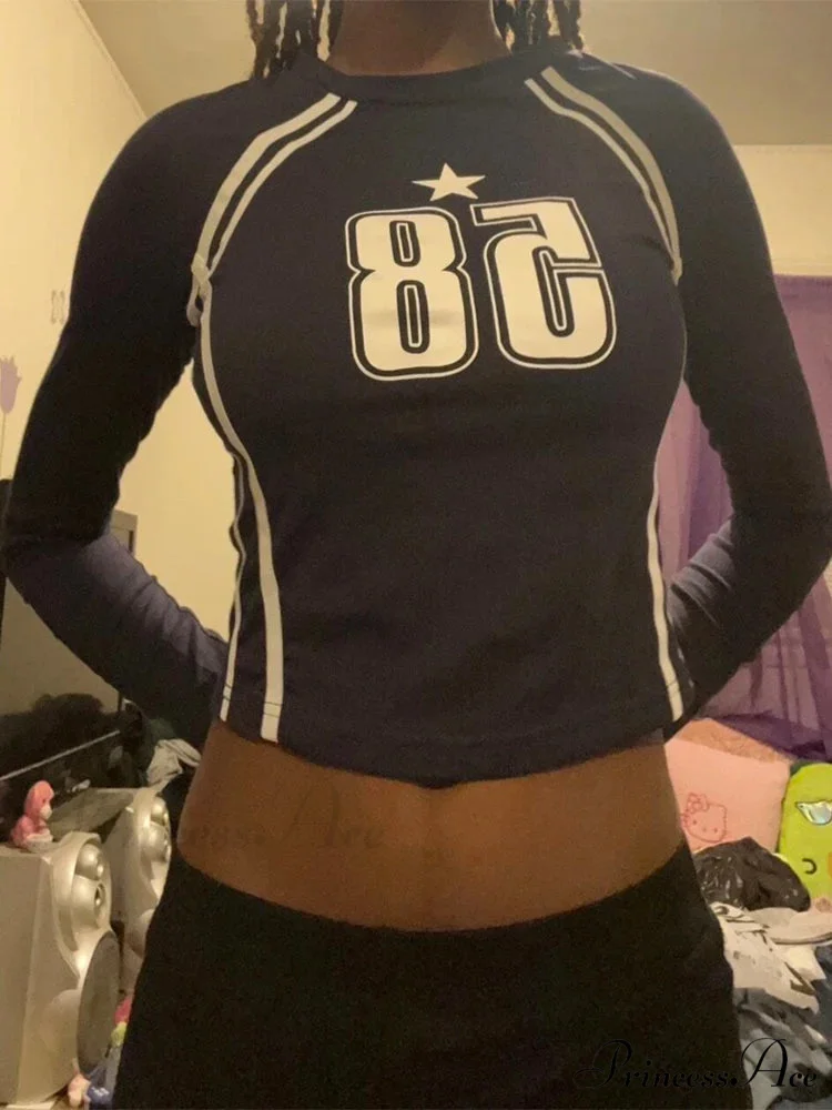 Dark Open Navel Message Printed Informal Long Sleeve Knit Top - Image 2