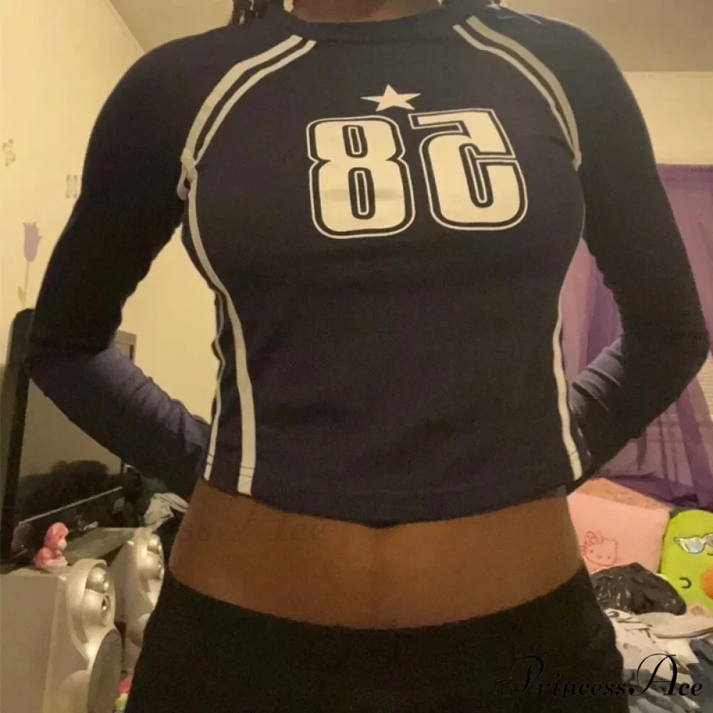 Dark Open Navel Message Printed Informal Long Sleeve Knit Top - Image 3