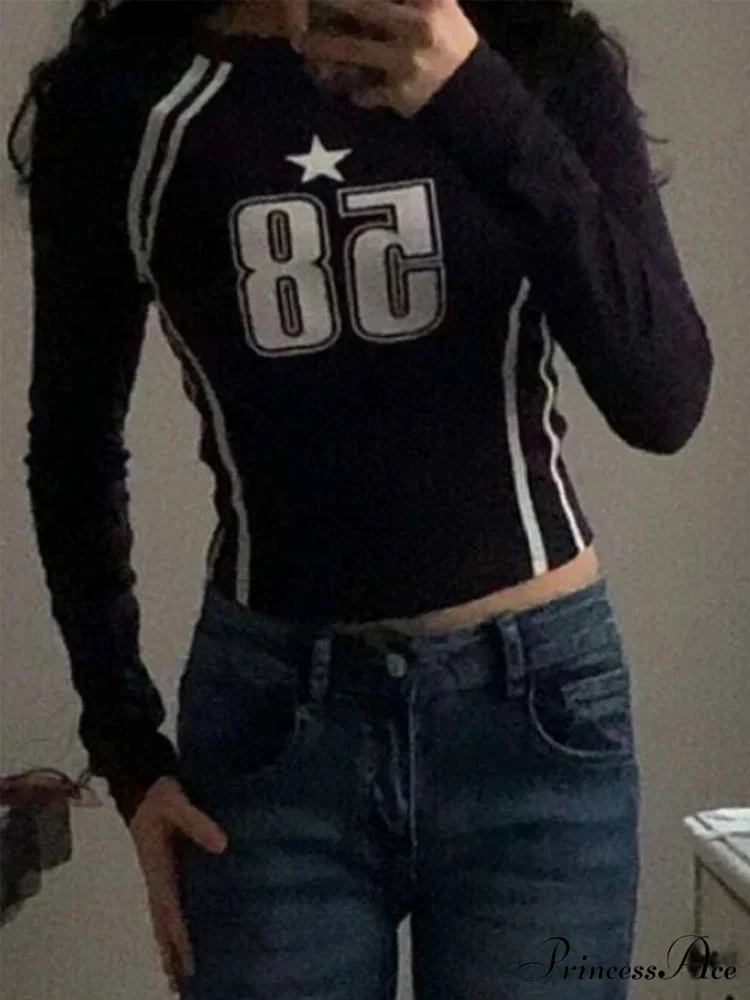 Dark Open Navel Message Printed Informal Long Sleeve Knit Top - Image 4