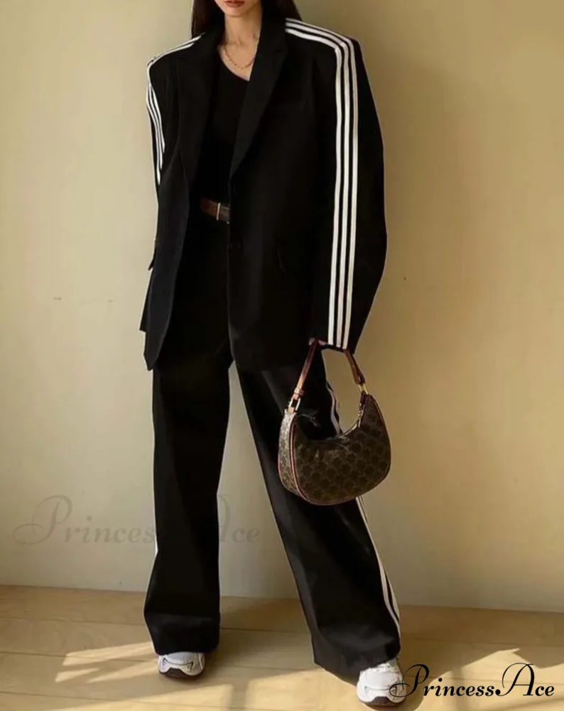 Dark Patchwork Elevated Waist Pants Workplace Two Piece Set