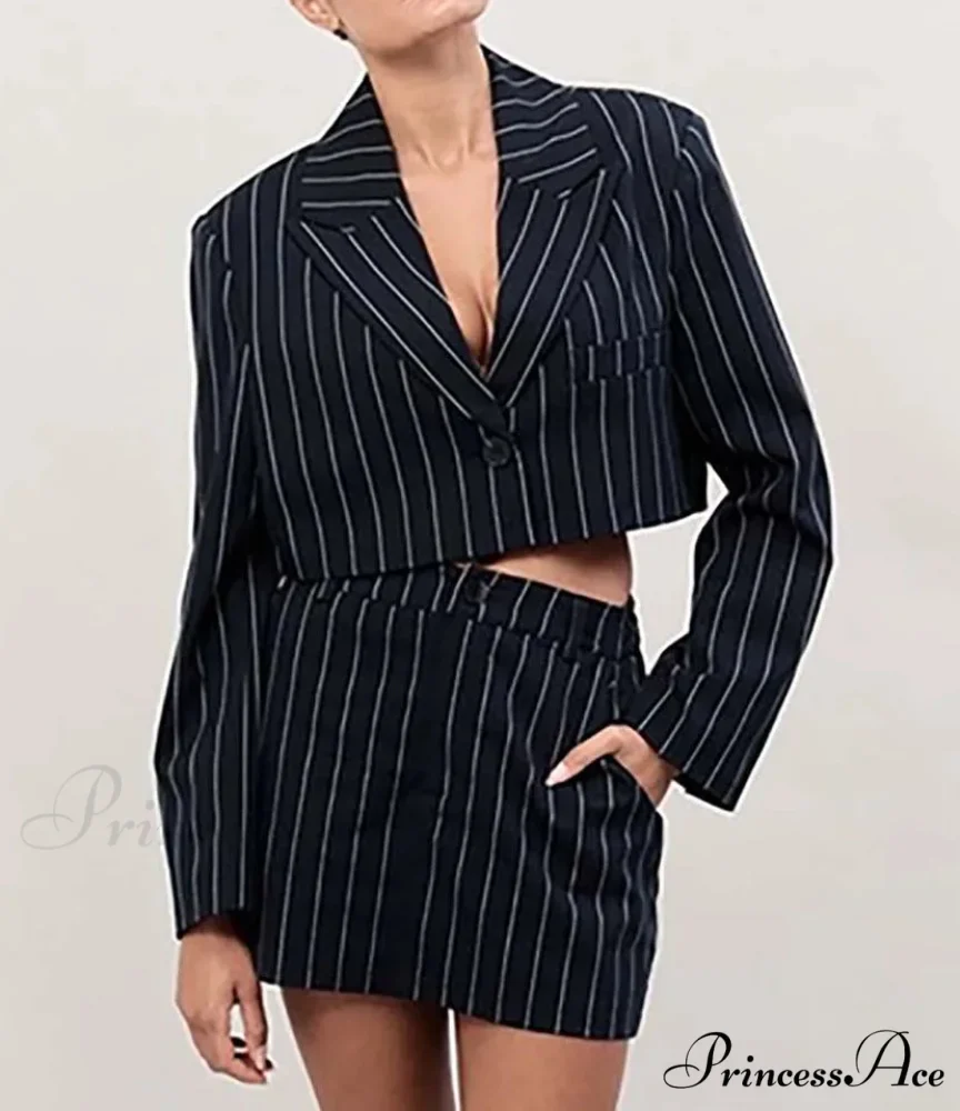 Dark Printed Crop Blouse Mini Workplace Two Piece Set - Image 2