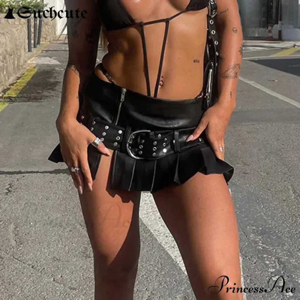 Dark Rivet Folded Leather Skirt - Image 2
