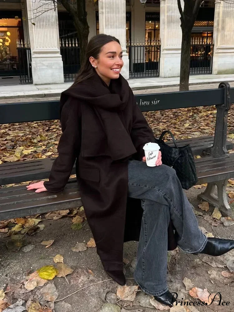 Dark Scarf Collar Woolen Lengthy Coat - Image 2