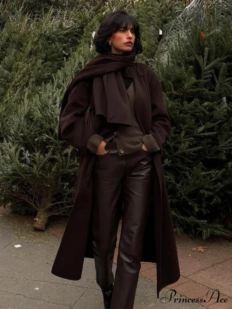 Dark Scarf Collar Woolen Lengthy Coat - Image 3
