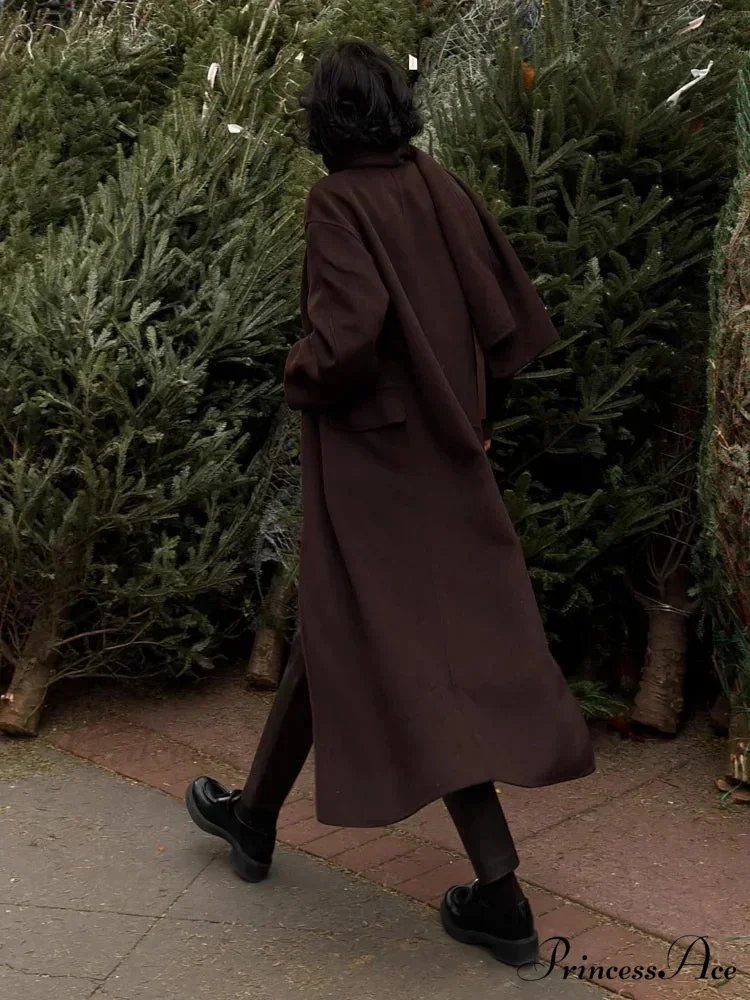 Dark Scarf Collar Woolen Lengthy Coat - Image 4