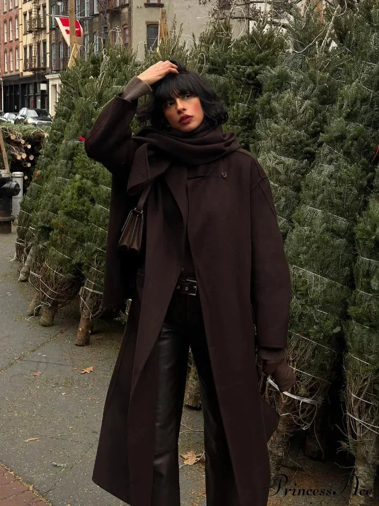 Dark Scarf Collar Woolen Lengthy Coat - Image 5
