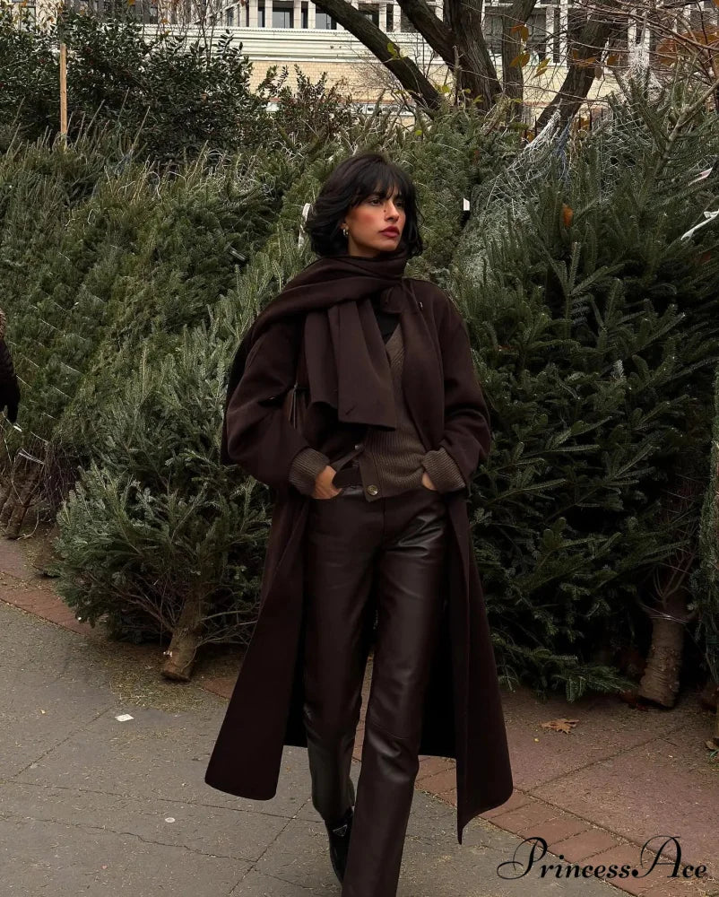 Dark Scarf Collar Woolen Lengthy Coat - Image 6