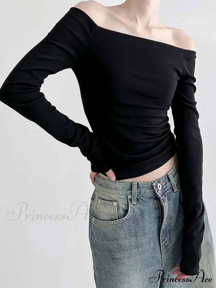 Dark Slash Neck Sophisticated Long Sleeve Slim Knit Top - Image 2