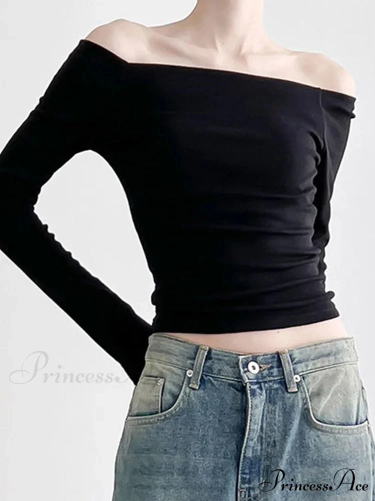 Dark Slash Neck Sophisticated Long Sleeve Slim Knit Top - Image 4