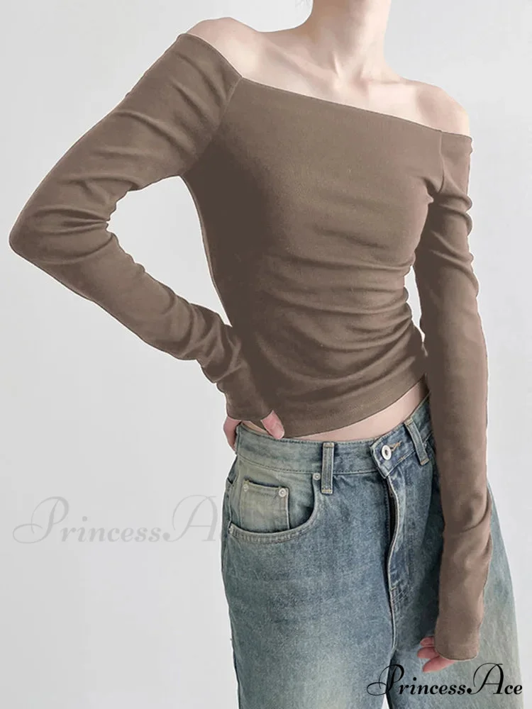 Dark Slash Neck Sophisticated Long Sleeve Slim Knit Top - Image 5