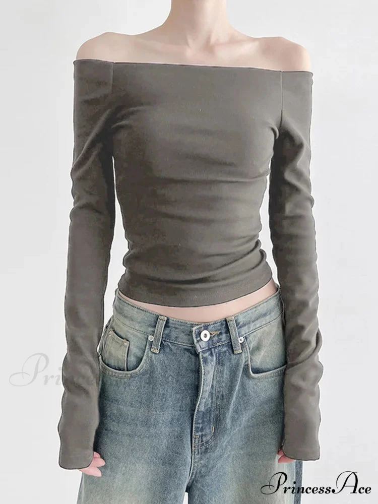 Dark Slash Neck Sophisticated Long Sleeve Slim Knit Top - Image 6