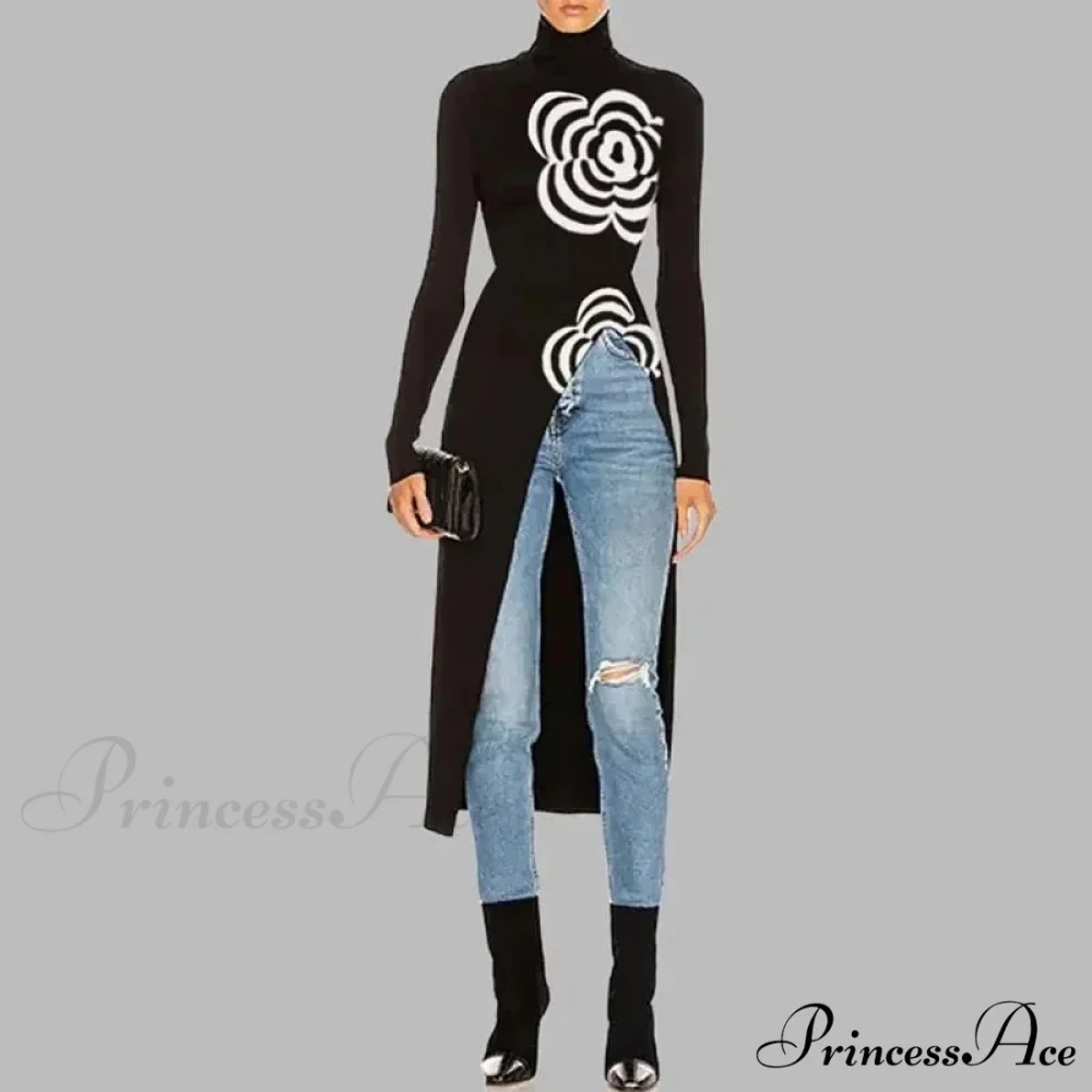 Dark Top Uneven Printed Split-Joint Sweater - Image 2