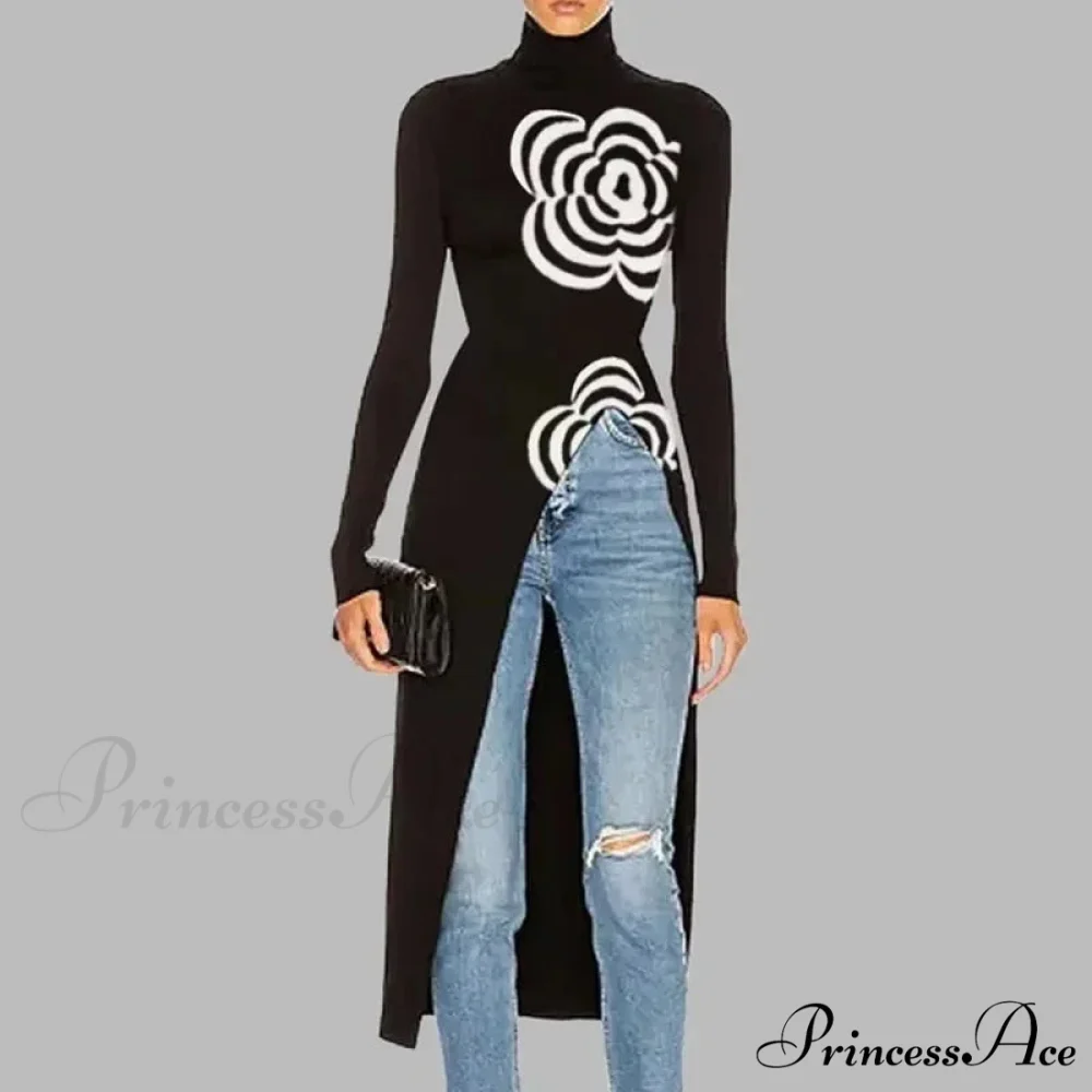 Dark Top Uneven Printed Split-Joint Sweater - Image 3