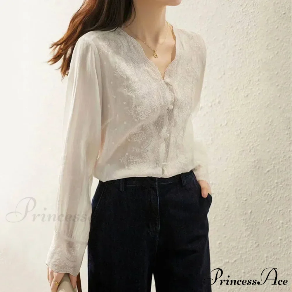 Decorated Lace Plunging Neckline Linen Top Fall Top - Image 2