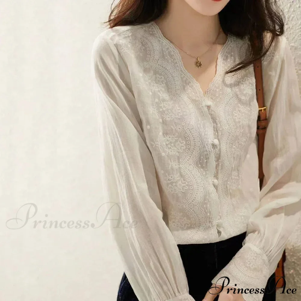 Decorated Lace Plunging Neckline Linen Top Fall Top - Image 3