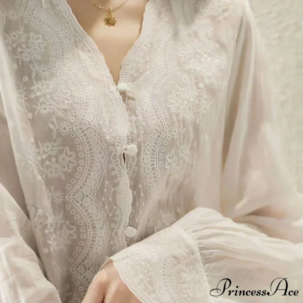 Decorated Lace Plunging Neckline Linen Top Fall Top - Image 4