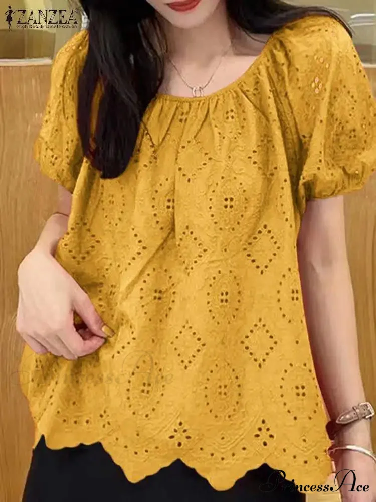 Decorated Puff Sleeve Informal Lace Patchwork Top - Image 3