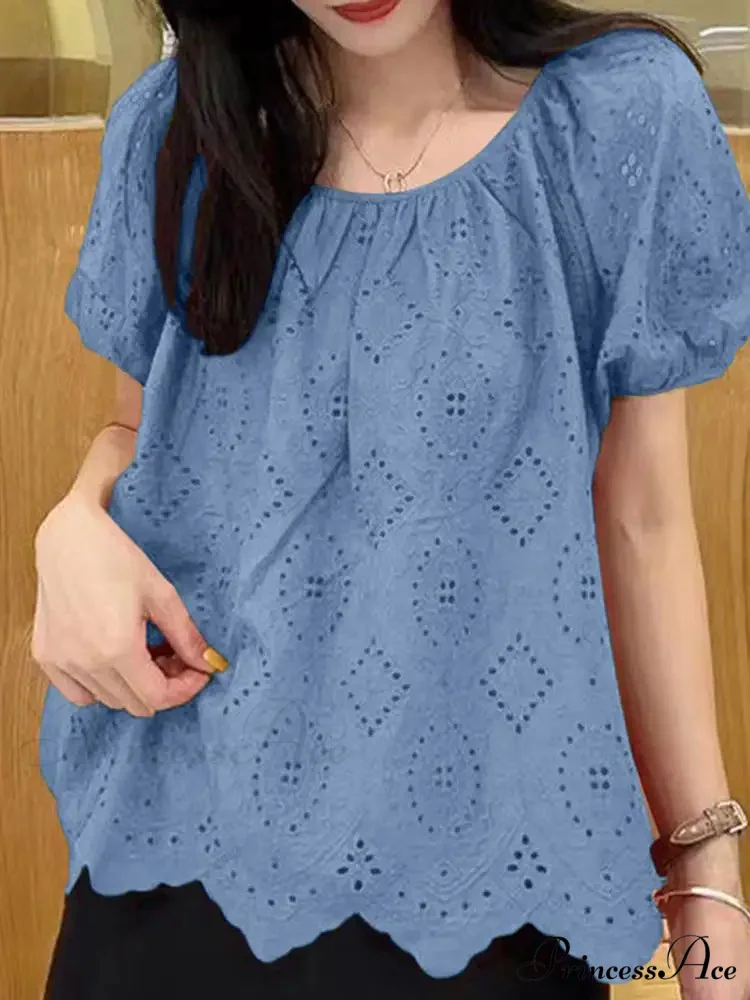 Decorated Puff Sleeve Informal Lace Patchwork Top - Image 4