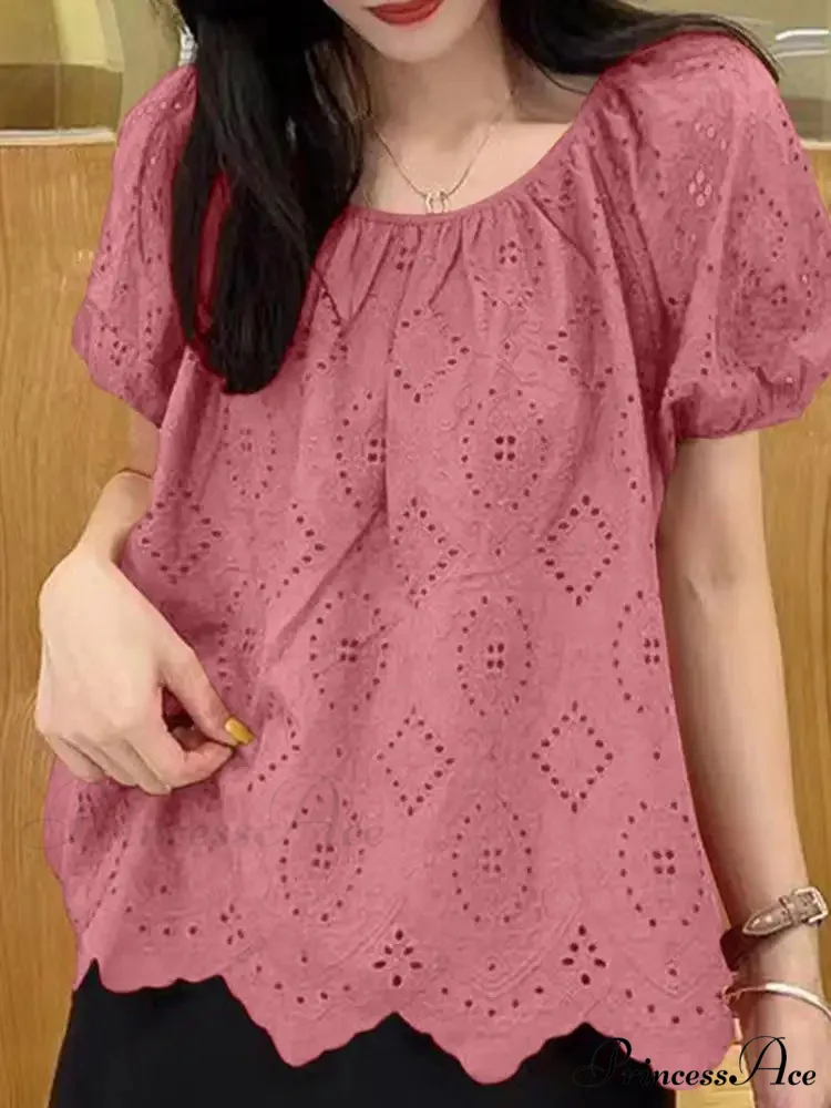 Decorated Puff Sleeve Informal Lace Patchwork Top - Image 6