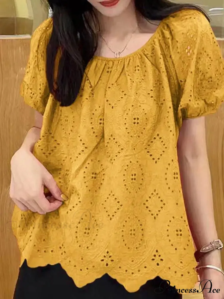 Decorated Puff Sleeve Informal Lace Patchwork Top - Image 7