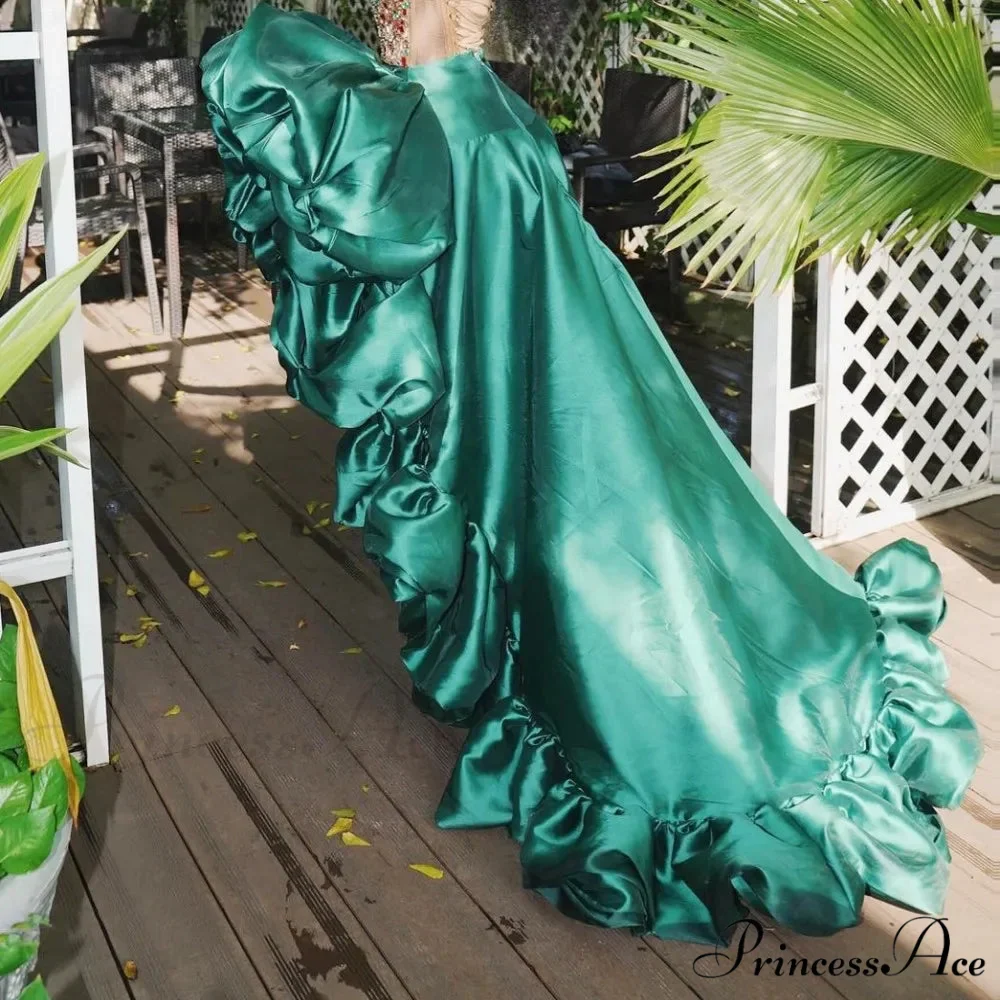 Deep Emerald High Low Skirt Frills Large Blooms Dressy Attire - Image 2