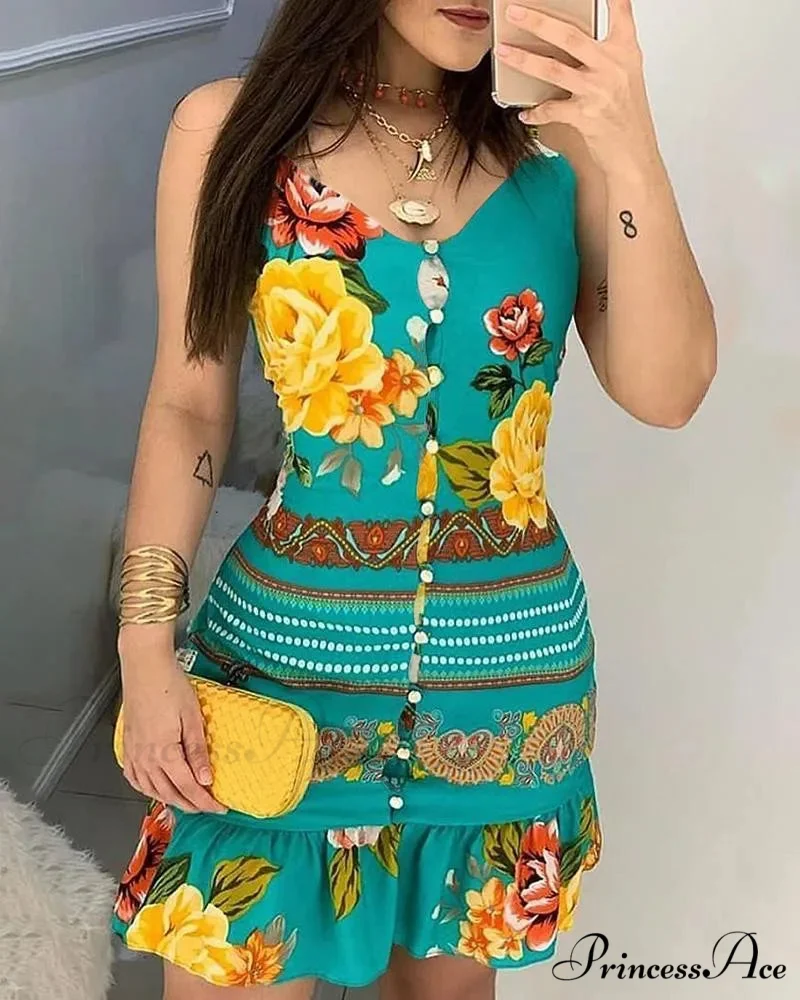 Deep-neck Buttoned Design Flower Print Dress - Image 3