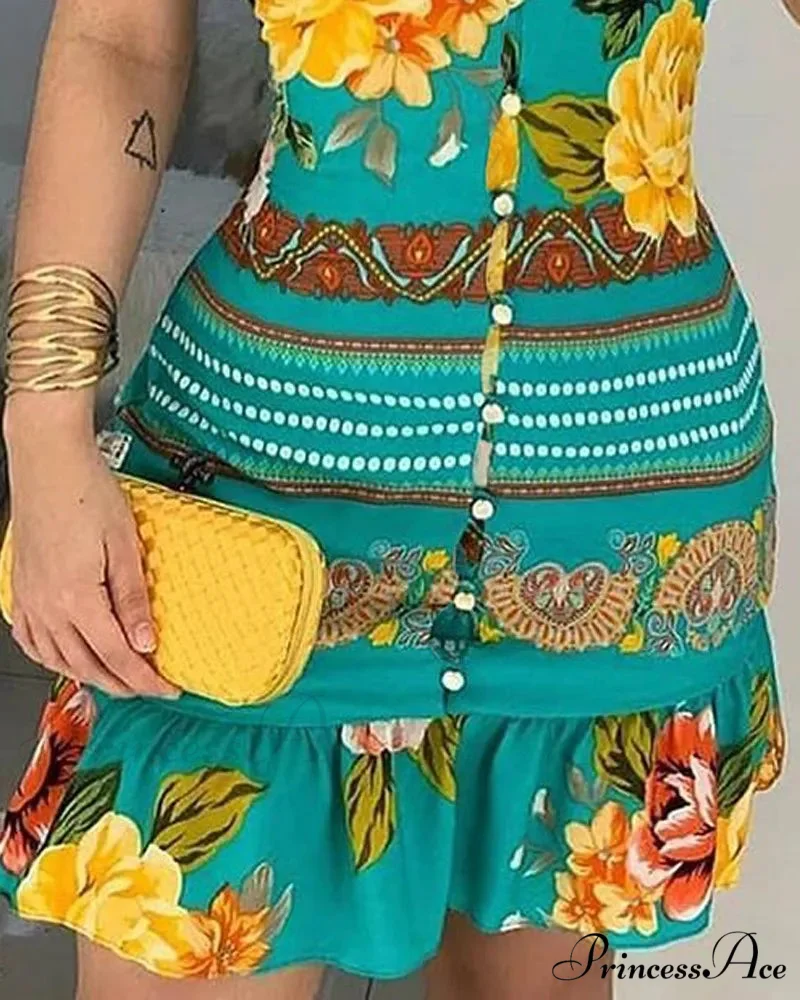 Deep-neck Buttoned Design Flower Print Dress - Image 5