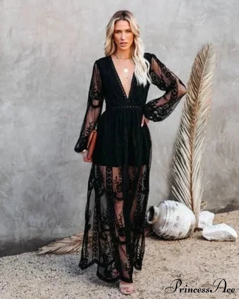 Deep-neck Extended Sleeve Frills Hollow Out Full-length Boho Dress - Image 5