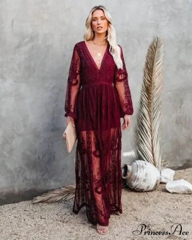 Deep-neck Extended Sleeve Frills Hollow Out Full-length Boho Dress - Image 6