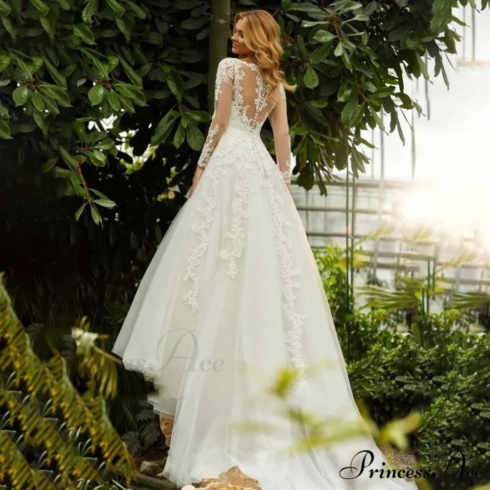 Deep Neck Extended Sleeve Transparent Wedding Gown - Image 2