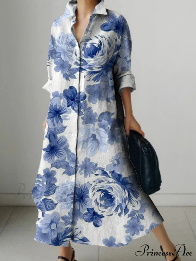 Deep-neck Flower Design Buttoned Extended Sleeve Dress - Image 2
