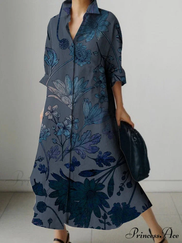 Deep-neck Flower Design Buttoned Extended Sleeve Dress - Image 3