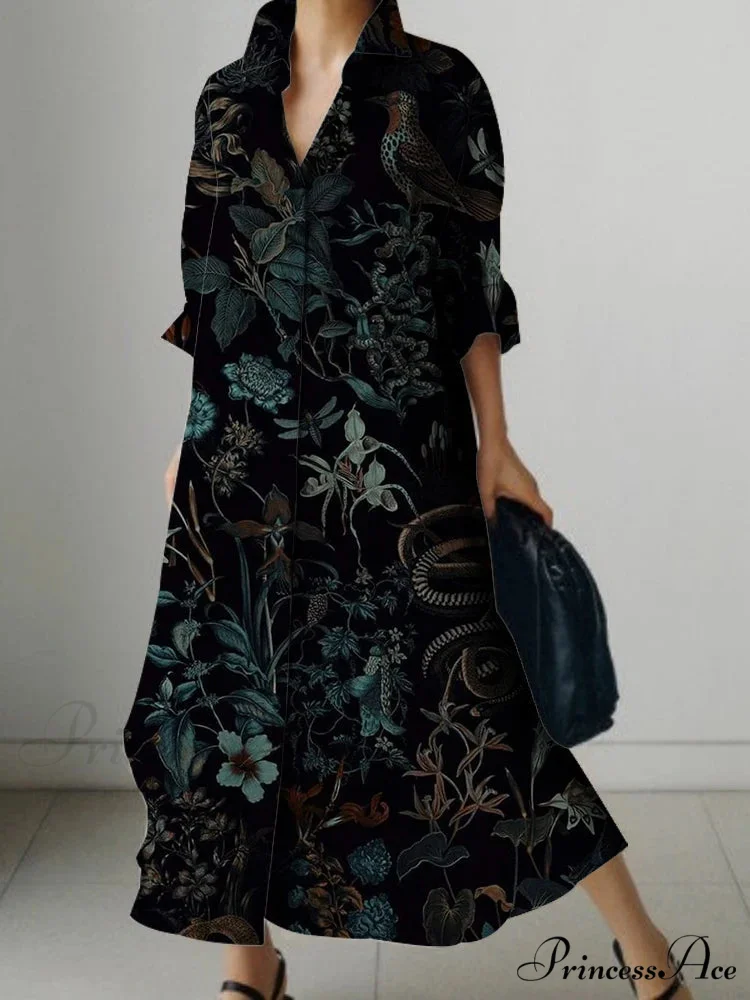 Deep-neck Flower Design Buttoned Extended Sleeve Dress - Image 4