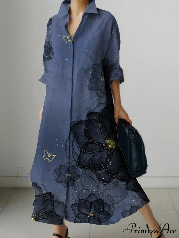 Deep-neck Flower Design Buttoned Extended Sleeve Dress - Image 5