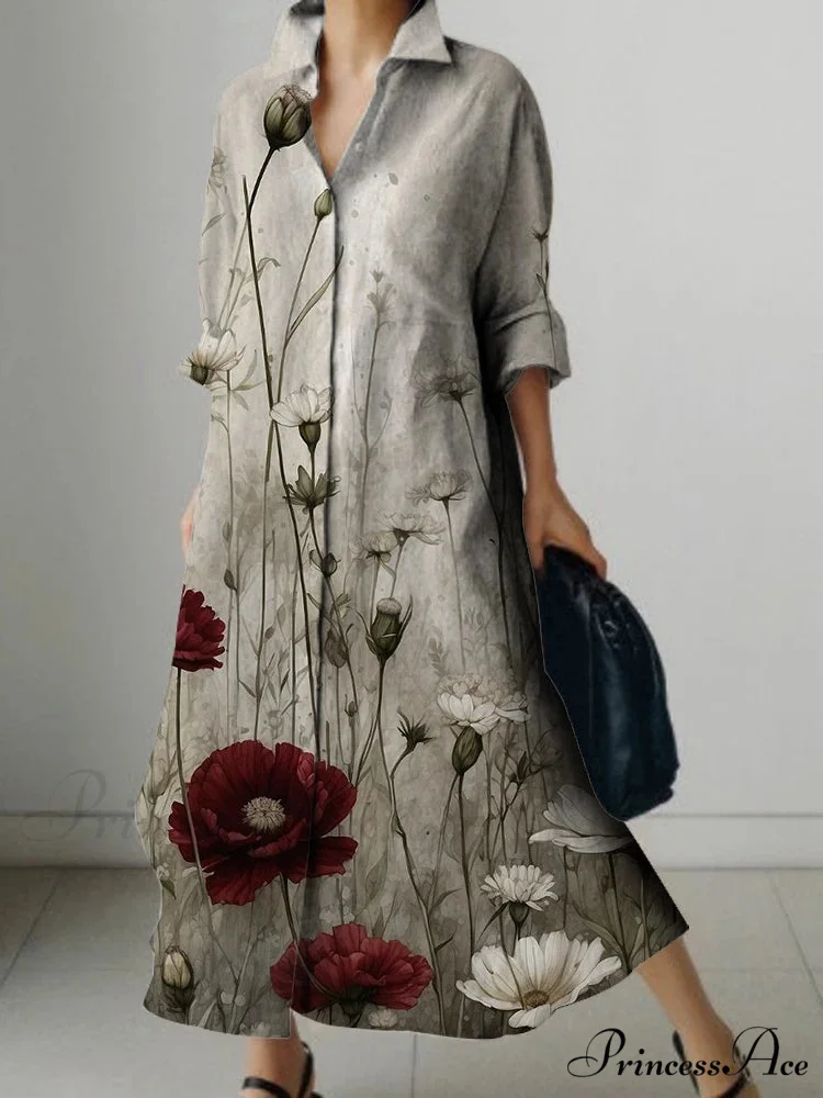 Deep-neck Flower Design Buttoned Extended Sleeve Dress - Image 6