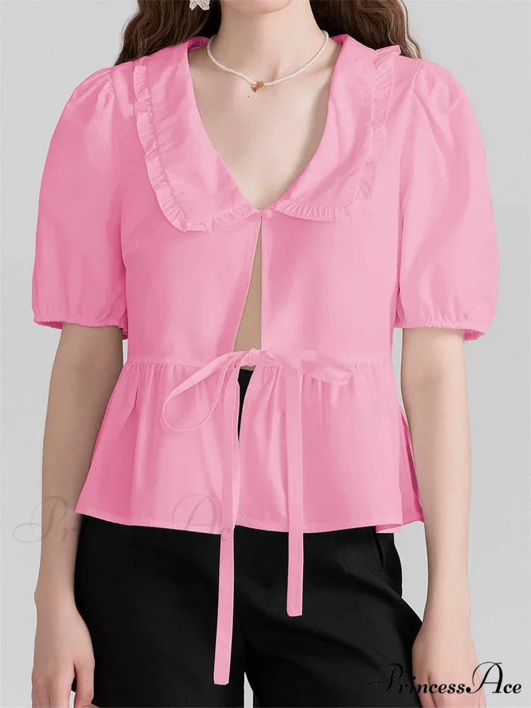Deep-neck Front Ribbon Tie-Up Blouse - Image 3