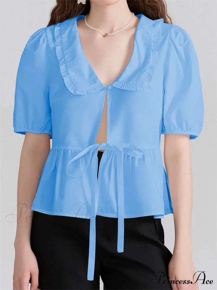 Deep-neck Front Ribbon Tie-Up Blouse - Image 5