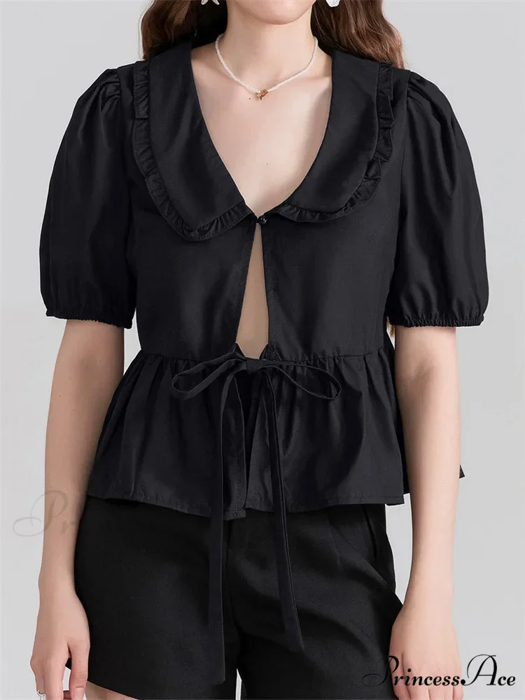 Deep-neck Front Ribbon Tie-Up Blouse - Image 6